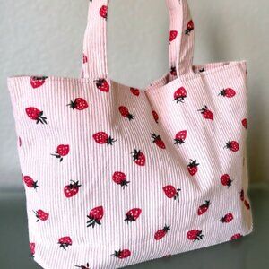 Light Pink Strawberry Print Corduroy Summer Tote Bag Waterproof Lining New